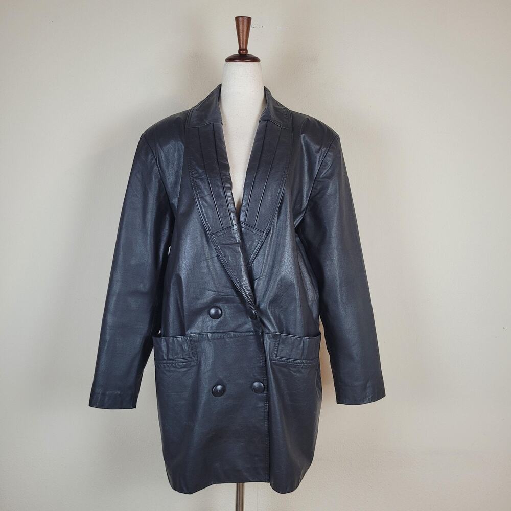 VTG Comint Leather Jacket Large Black Leather Double Breasted 80s‎ Boxy Relaxed